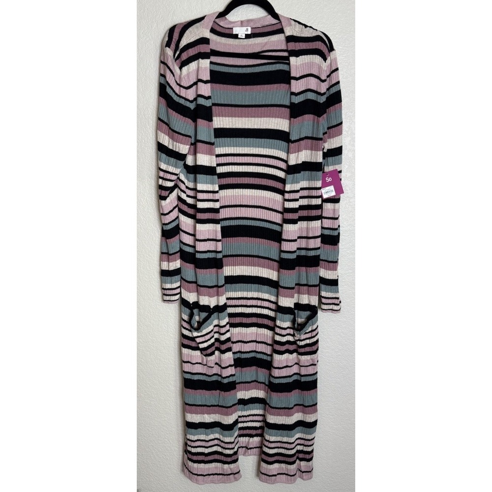 SO Womens XL Colorful Striped‎ Ribbed Long Cardigan Sweater Duster NEW Preppy